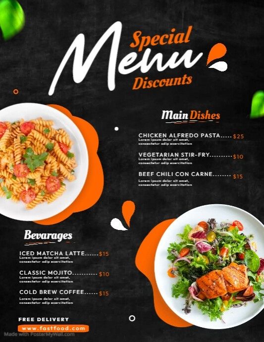 Illustrerad restaurangmeny med maträtter, drycker och angivna priser